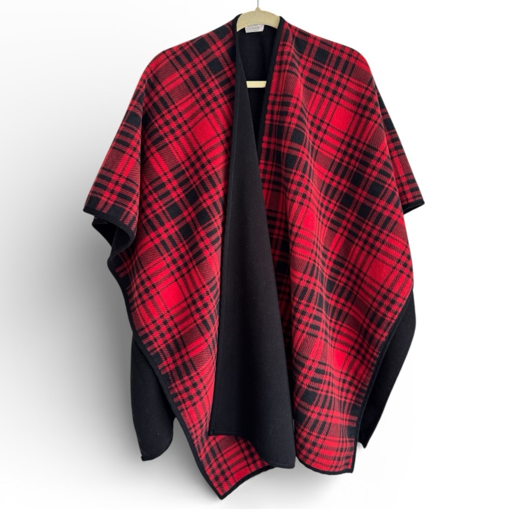 Woolrich Reversible Plaid Fleece Wrap Cozy Travel Cape Office Red Black One Size